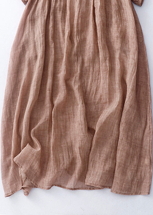 Green O-neck Patchwork Linen Maxi Dress Short Sleeve
