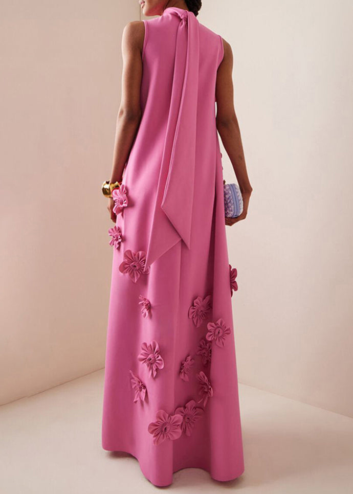 Pink Lace Up Pockets Cotton Long Dress Sleeveless