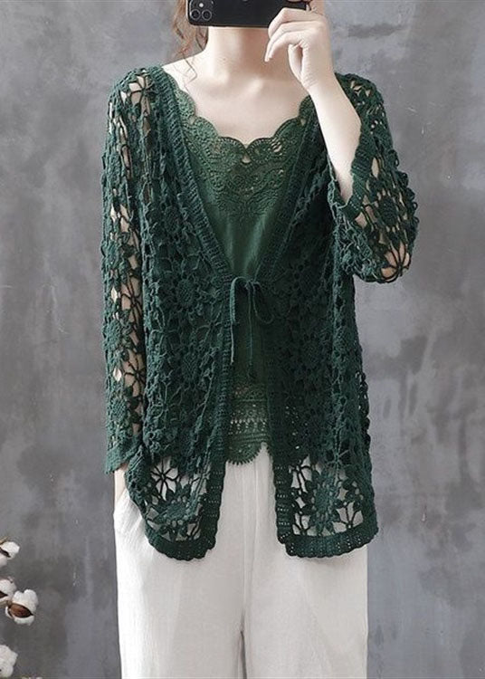 Blackish Green Hollow Out Patchwork Knitting Cotton Cardigan Fall