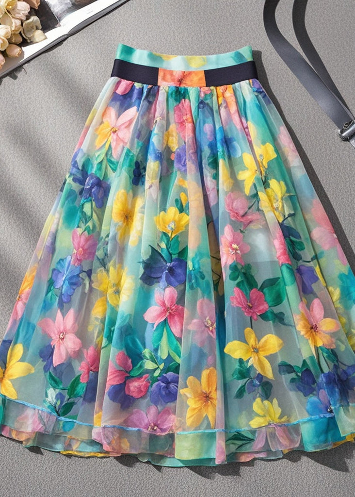 Multicolor Print High Waist Tulle Skirts Summer