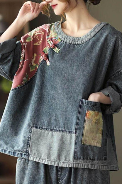 Retro Stitching Patchwork Print Denim Sweatshirt