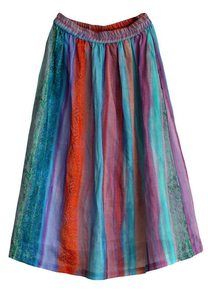 Style Striped Retro Patchwork a Line Skirts Ramie