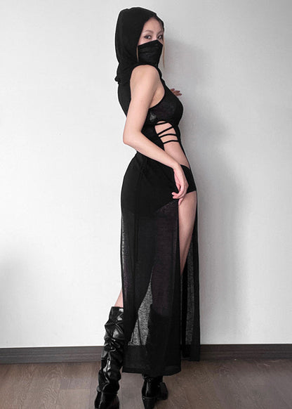 Black Side Open Hollow Out Hooded Sleeveless Dress