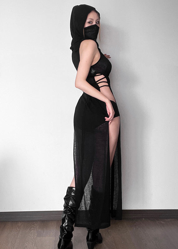 Black Side Open Hollow Out Hooded Sleeveless Dress
