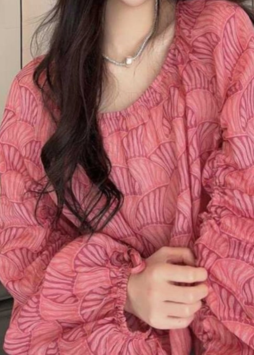 Rose O Neck Print Cinched Cotton Blouses Lantern Sleeve