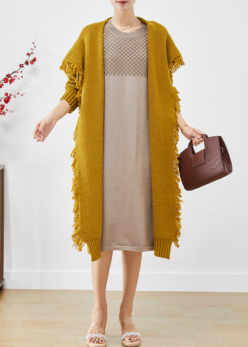Yellow Tasseled Oversized Knit Cardigan Winter