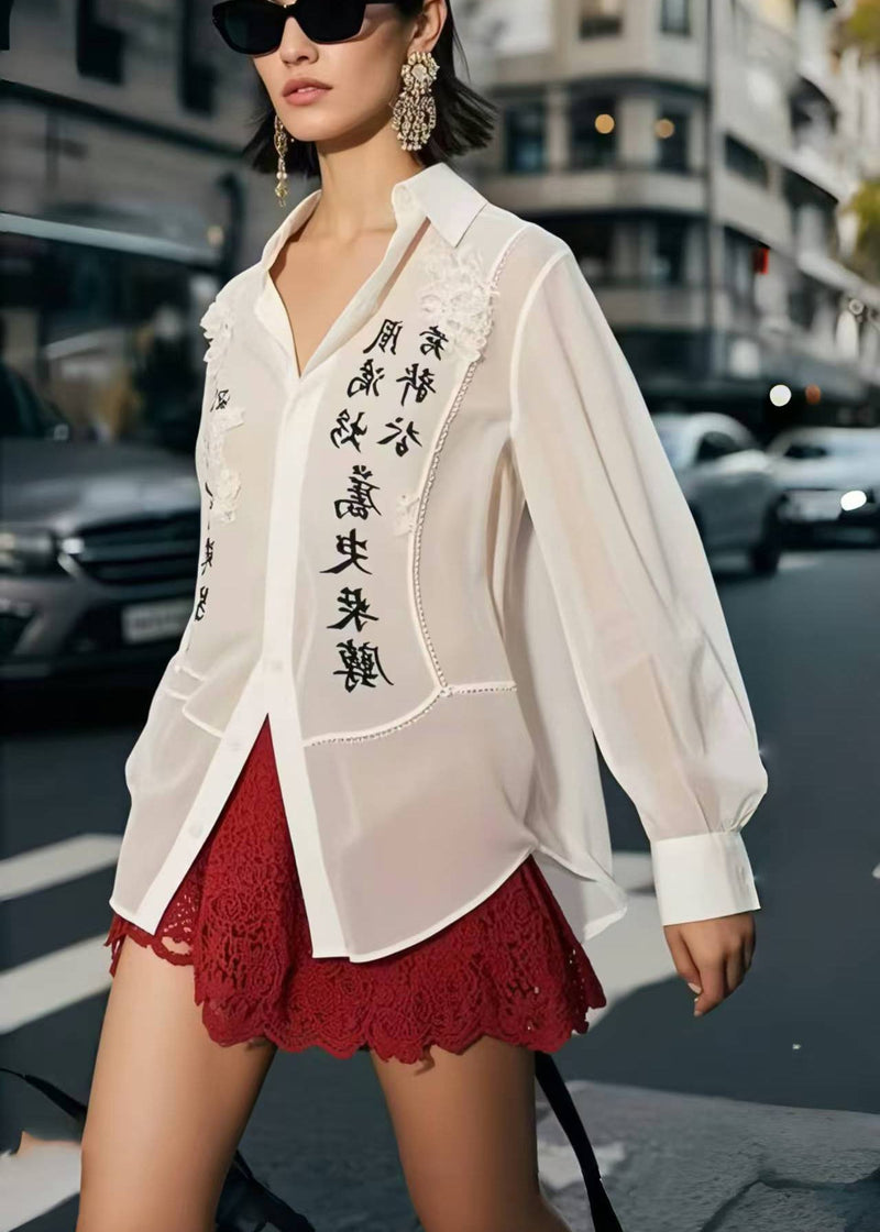 White Patchwork Draping Chiffon Shirt Tops Spring