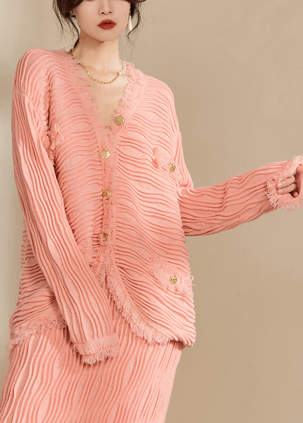 Pink V Neck Button Tassel Knit Cardiga Fall