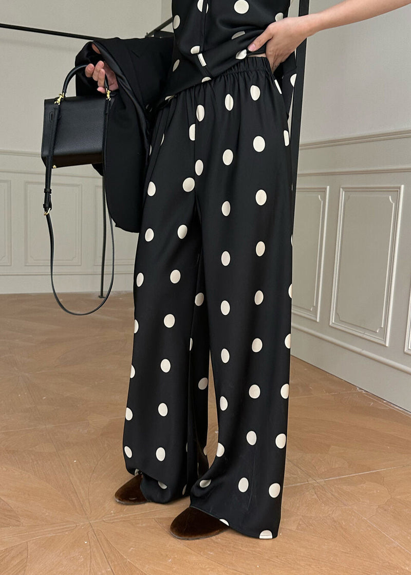 French Black Dot Print Strap and Pants Silk Two Pieces Set Summer