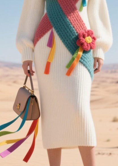 White High Neck Patchwork Flower Knit Sweater Dress Winter