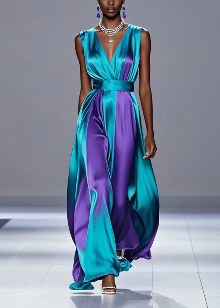 Dull Green Cinched Patchwork Silk Vacation Dresses Sleeveless