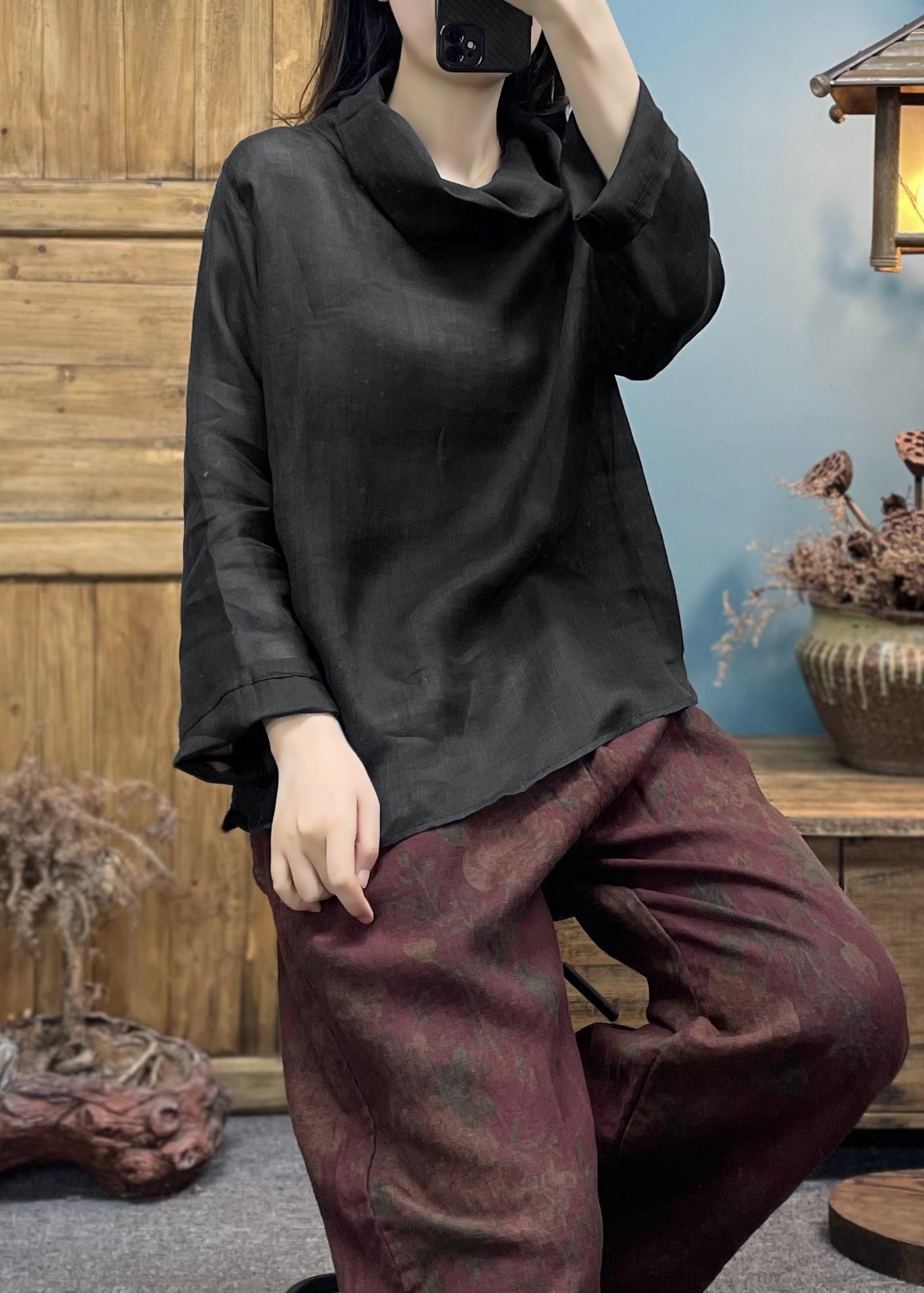 Simple Black Turtleneck Cotton Top Spring