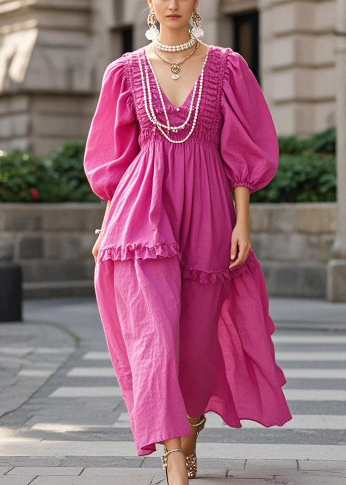 Rose Ruffled Wrinkled Cotton Party Dress Fall