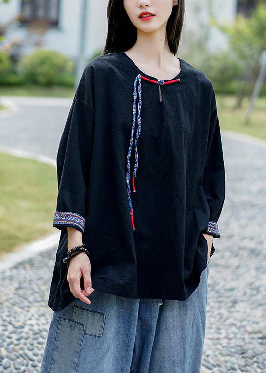 Loose Black Button Linen Tops Bracelet Sleeve