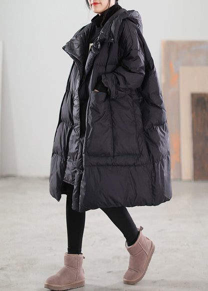 Black Hooded Pockets Patchwork Duck Down Coat Winter