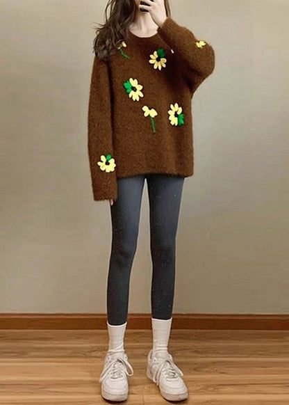 Unique Brown Oversized Lace Knit Sweater Tops Winter