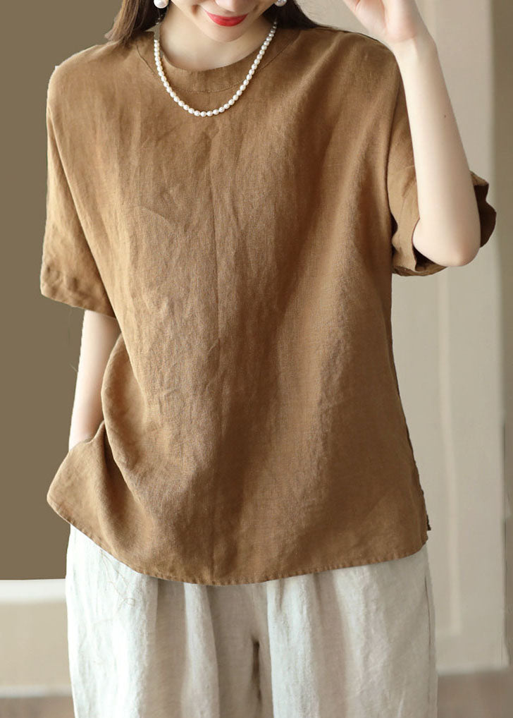 Brown O Neck Patchwork Linen T Shirt Top Summer