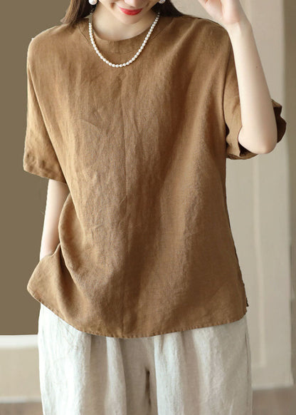 Brown O Neck Patchwork Linen T Shirt Top Summer