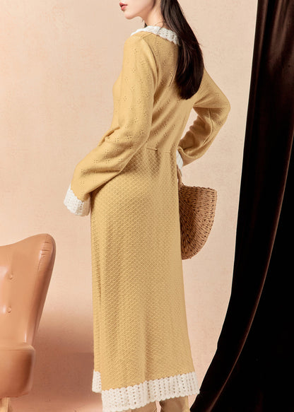 Yellow Hollow Out Lace Up Knit Long Dress Winter