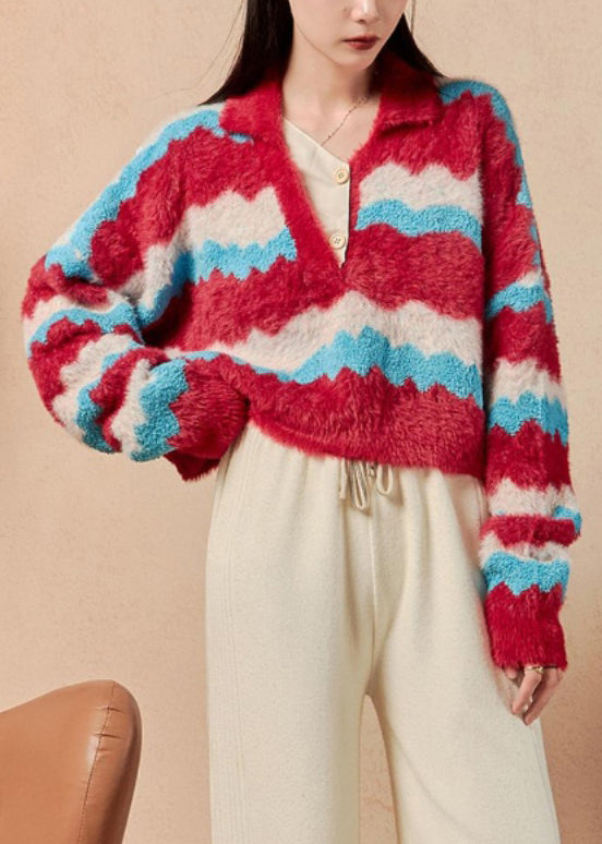 Striped V Neck Cozy Mink Hair Knitted Short Sweaters Winter
