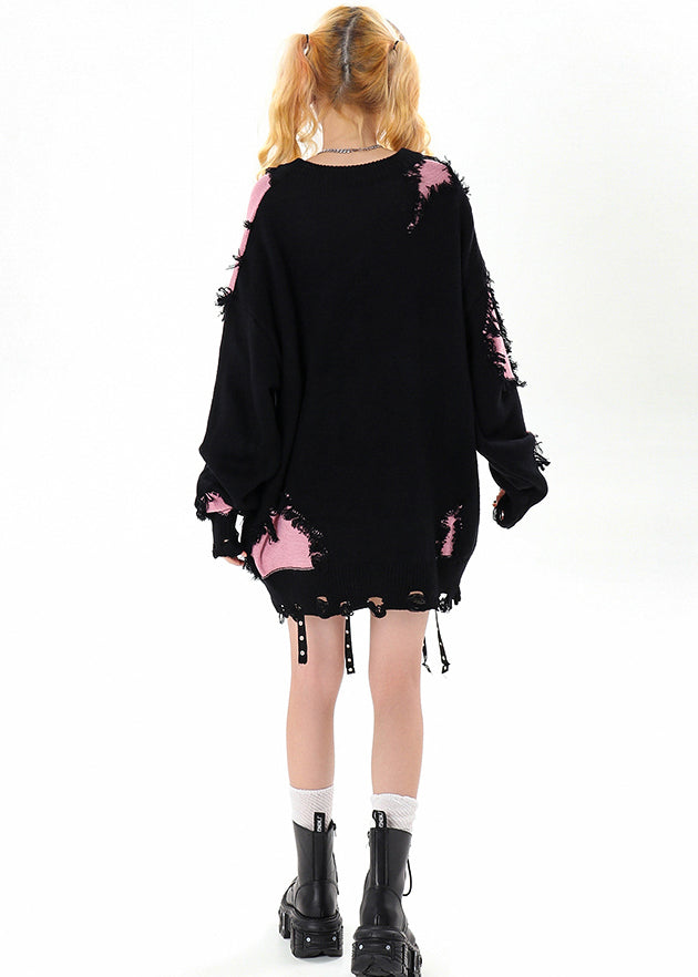 Black Tasseled Patchwork Hole Cozy Sweater Winter
