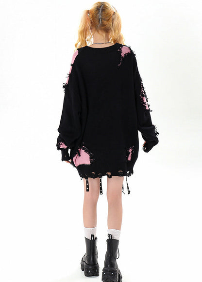 Black Tasseled Patchwork Hole Cozy Sweater Winter