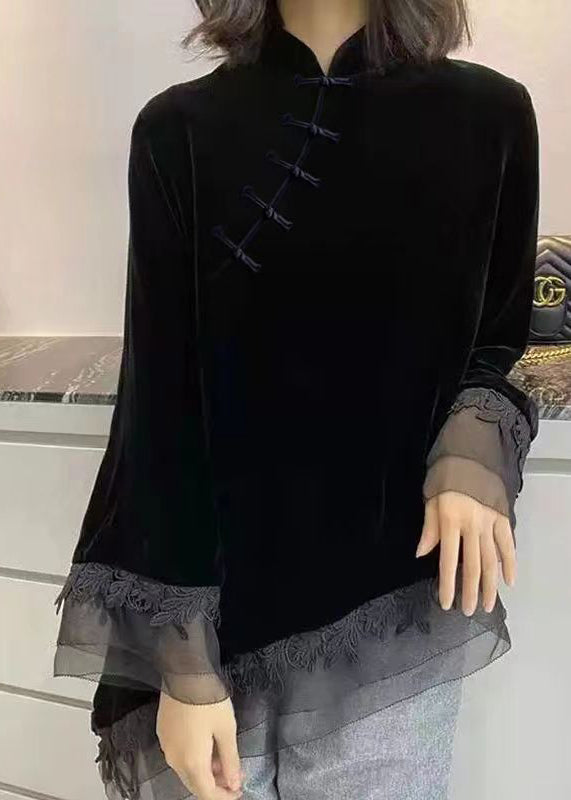 Black Stand Collar Asymmetrical Patchwork Velour Shirt Fall