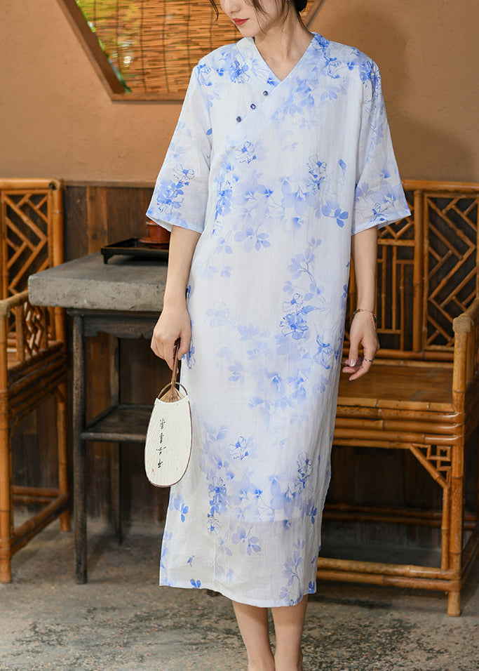 Original Design Blue V Neck Print Linen Dress Summer