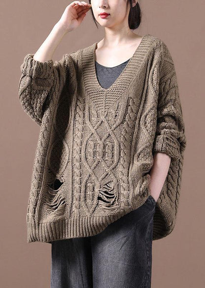 Khaki Hole V Neck Fall Cozy Sweater