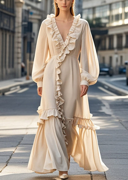 Unique Nude Asymmetrical Design Ruffled Chiffon Dress Fall