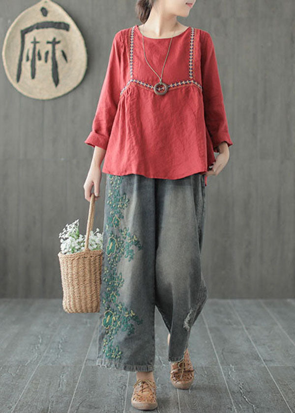 Blue Embroidered Cotton Ripped Jeans Pants Fall