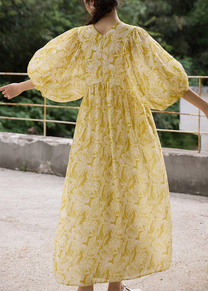 Yellow V Neck Embroidered Linen Dresses Batwing Sleeve