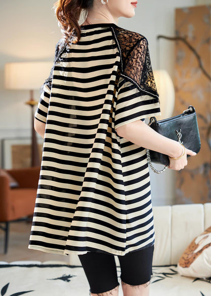 Loose Black Striped Lace Patchwork Cotton T Shirts Summer