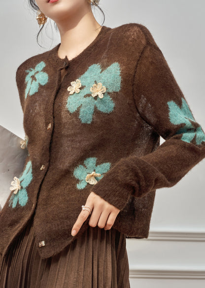Coffee O-neck Patchwork Button Cotton Knit Cardigan Fall