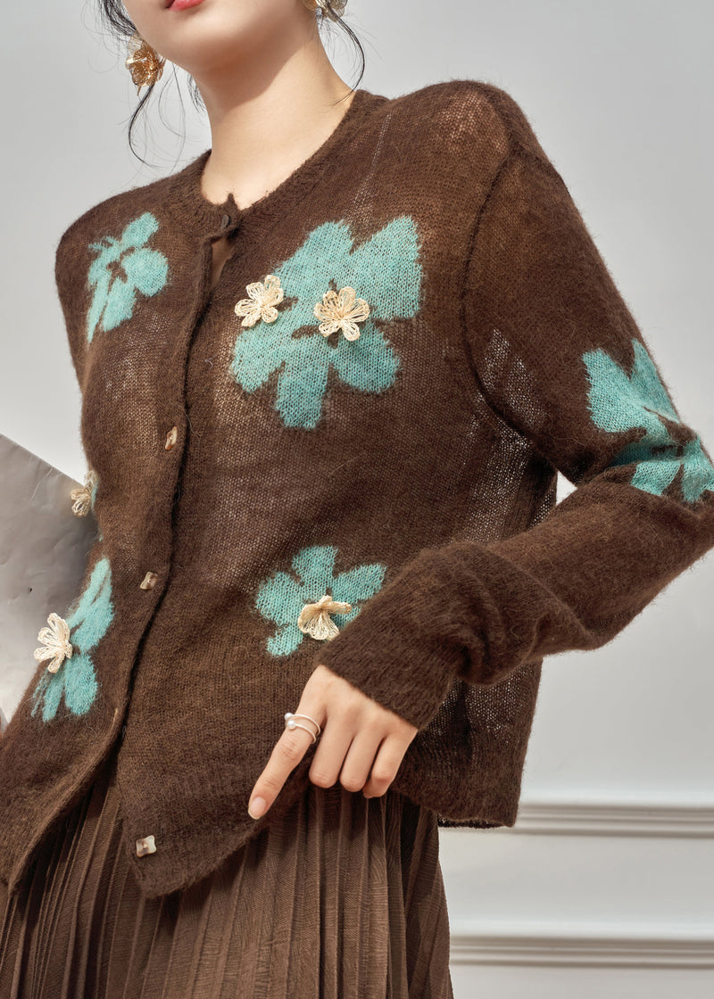 Coffee O-neck Patchwork Button Cotton Knit Cardigan Fall
