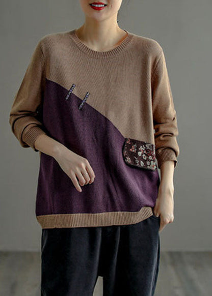 Chocolate Purple O-neck Patchwork Knit Sweater Top Long Sleeve