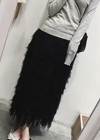 Black Feather Knit Fall Skirts High Waist