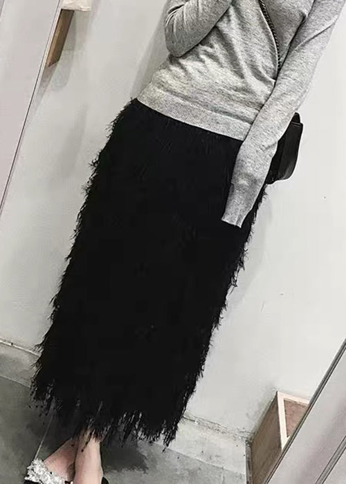 Black Feather Knit Fall Skirts High Waist