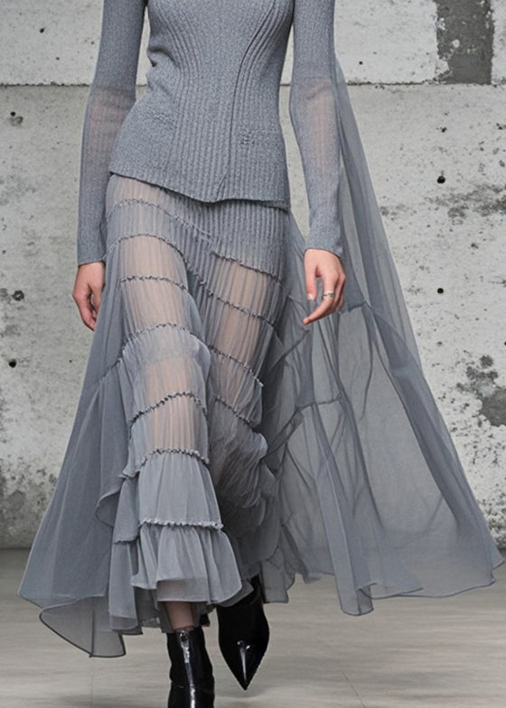Grey High Neck Patchwork Exra Large Hem Knit Long Dress Fall