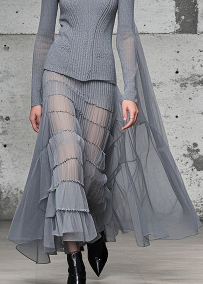 Grey High Neck Patchwork Exra Large Hem Knit Long Dress Fall