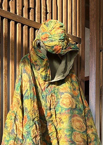 Yellow Hooded Print Linen Top Long Sleeve