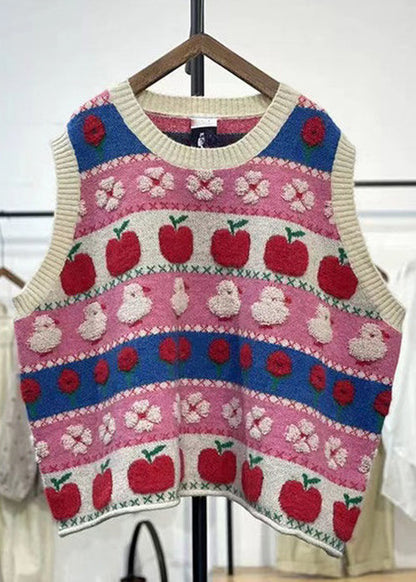Pink Embroideried Patchwork Cozy Cotton Knit Waistcoat Sleeveless
