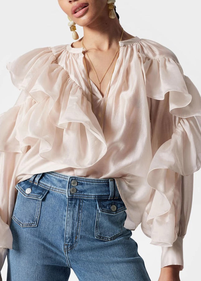 Stylish O-neck Ruffled Silk Shirts Fall