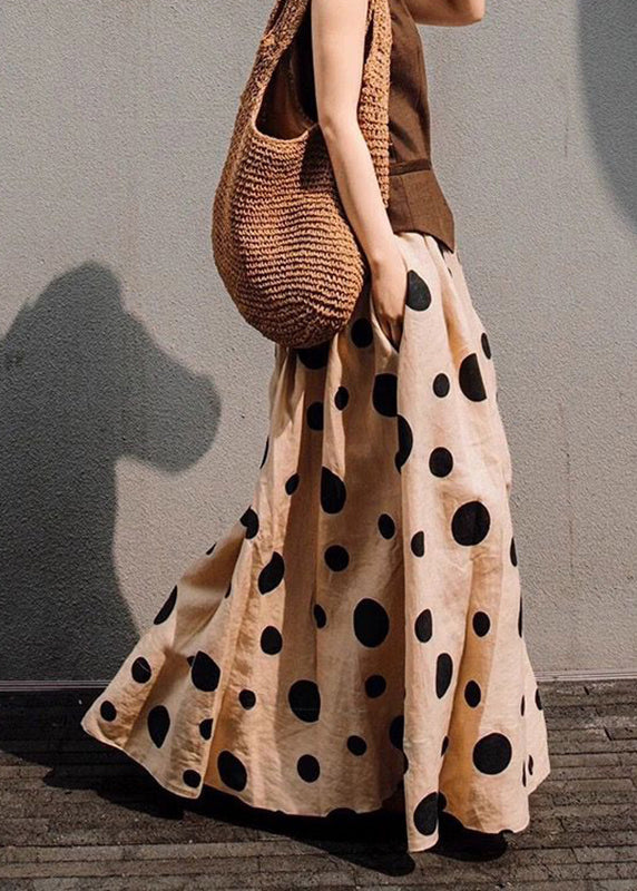Khaki Dot Print Elastic Waist a Line Skirt