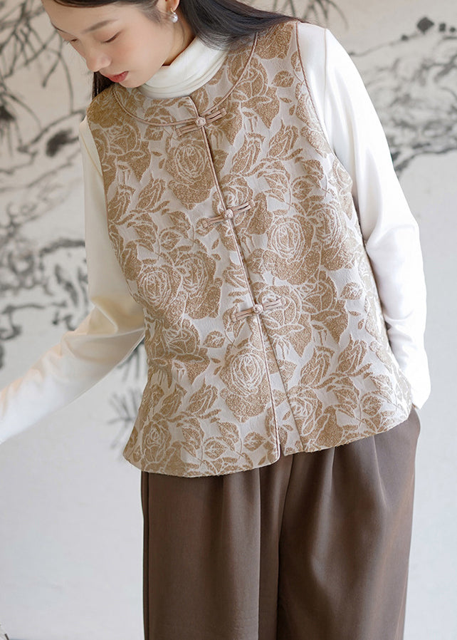 Champagne Chinese Button Jacquard Fine Cotton Filled Vest Sleeveless