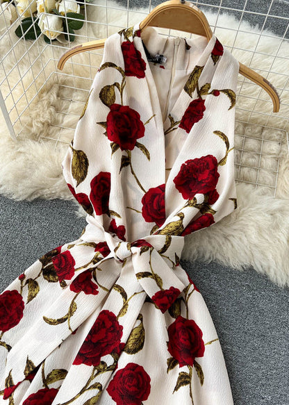 Apricot Zippered Print Chiffon Long Dress Sleeveless
