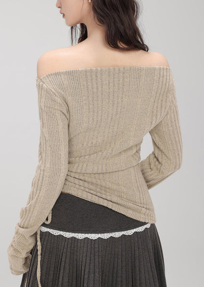 Boutique Khaki Cold Shoulder Drawstring Knit Top Fall