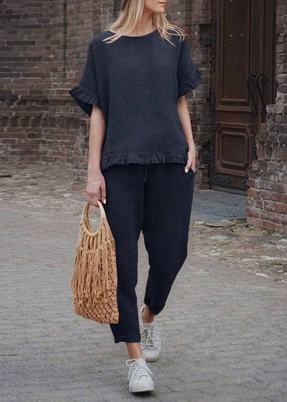 Black Ruffled Patchwork Top and Crop Pants Two Pieces Set Short Sleeve