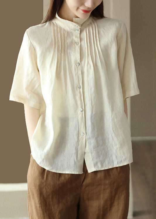 Beige Patchwork Linen Shirt Tops Wrinkled Button Half Sleeve