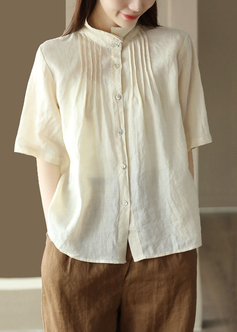 Beige Patchwork Linen Shirt Tops Wrinkled Button Half Sleeve